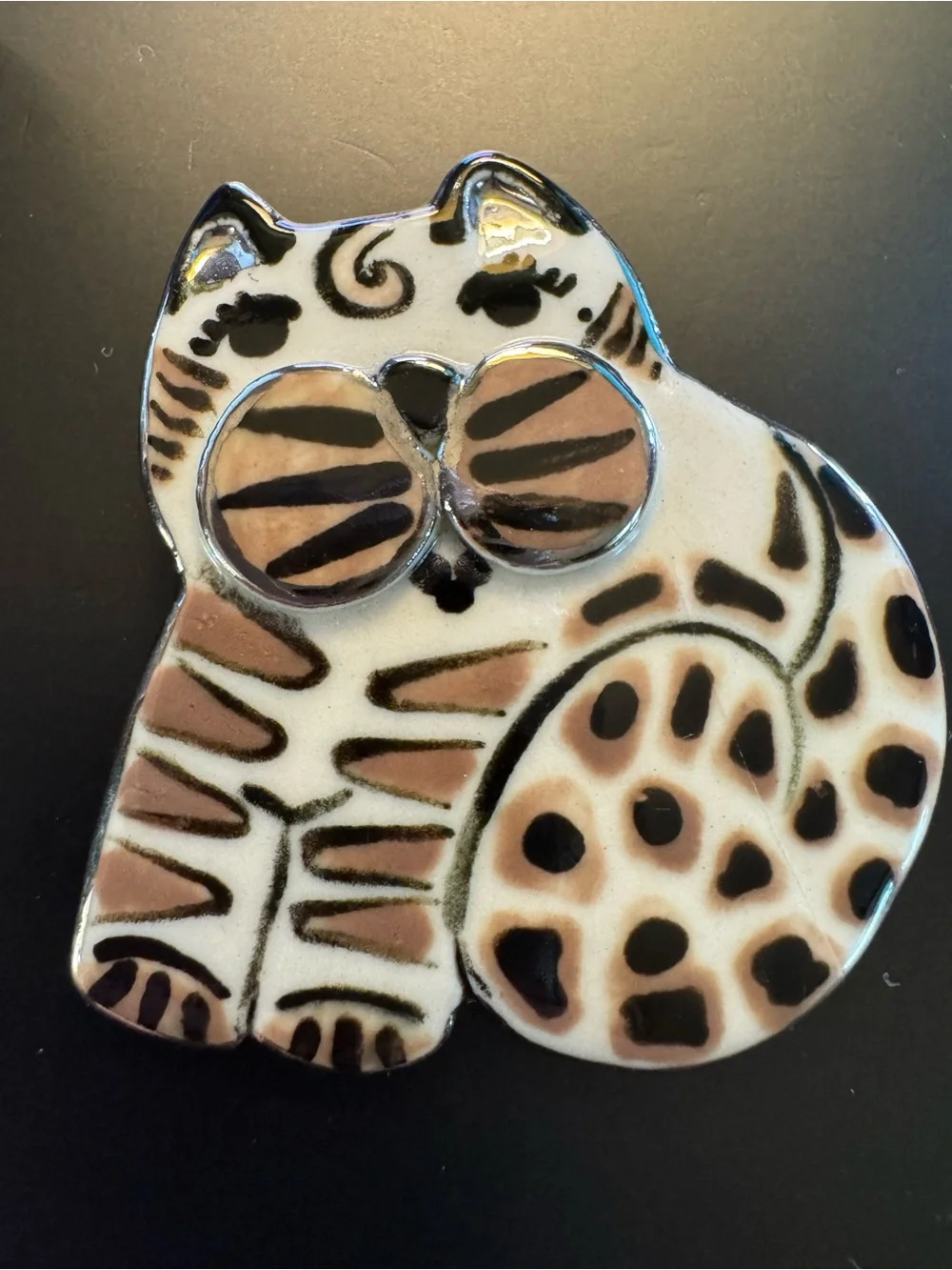 Vintage Hand Painted Ceramic Cat Brooch - Wearable Art